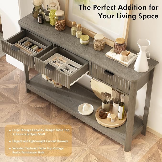 RUSTOWN Fluted Wood Console Table with 3 Drawers, 47.2" Modern Farmhouse Sofa Table & Entryway Table with Open Storage Shelf, Narrow Hallway Table for Living Room, Foyer and Hallway (Washed Oak)
