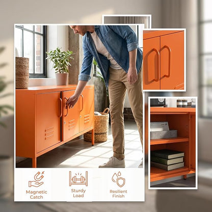 3 Door TV Standwith Storage Locke Metal TV Cabinet with 2-Tier Multi-Purpose Lockable Wide Storage Cabinet, Media Console Table with Metal Legs for Living Room, Bedroom,Office,Orange