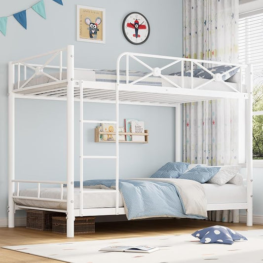 Garvee Metal Bunk Bed Twin Over Twin, Industrial Bunkbeds Heavy Duty Bed with Safety Guard Rails and Space-Saving Design, Steel Bed for School, Bedroom, White