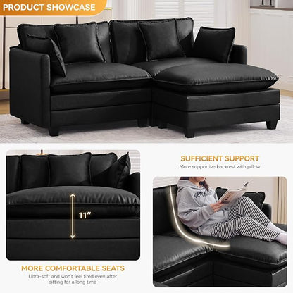 76'' Cloud Deep Seat Loveseat Sofa, Upholstered Leather Modular 2-Seats Sectional Sofa Couch with Movable Ottoman, Modern Comfy Settee Loveseat for Living Room Set, Small Apartment,Leather Black