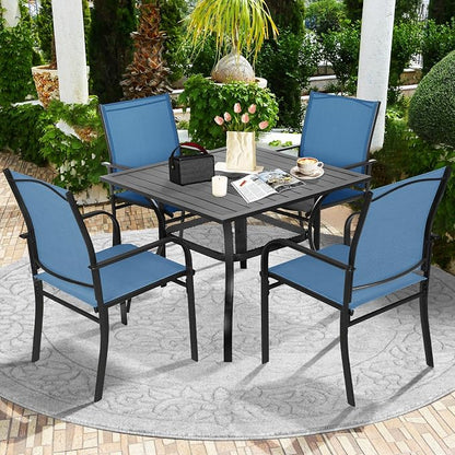 SUNCROWN 6 - Piece Outdoor Dining Set, Patio Furniture Set with 4 Textilene Dinning Chairs, 1 Steel Slat Metal Bistro Table and 1 Brown 9Ft Patio Umbrella for Lawn Garden Backyard Deck, Blue