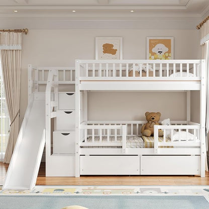 Twin Over Twin Bunk Bed with Storage Staircase, Slide and 2 Drawers,for Kids Teens Adults (White#Slide, Twin Over Twin)