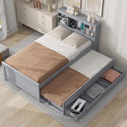Merax Twin Size Platform Bed with Storage Headboard, USB, Wood Bedframe with Twin Size Trundle and 3 Drawers, Grey
