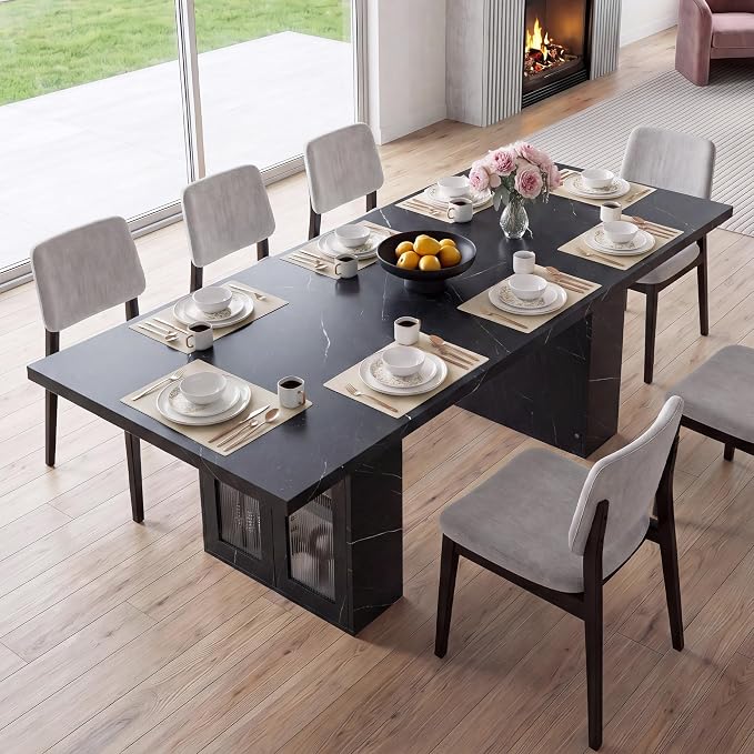 51"-78" Extendable Dining Table for 4-8, Black Faux Marble Kitchen Table | Modern Dining Room Table with Hidden Storage, Rectangle Dinner Tables for Dining Room Kitchen Living Room (Black Marble)