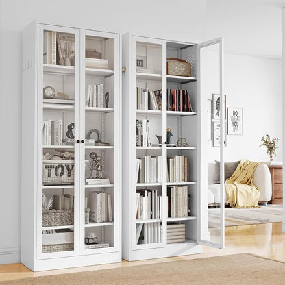 72"H Full Glass Door Steel Kitchen Pantry Cabinets Display Cabinet | Storage Organizer with Adjustable Shelves, Glass Doors Storage Cabinet for Kitchen, Dining Room,Assembly Required