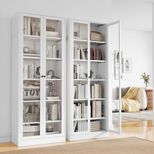 72"H Full Glass Door Steel Kitchen Pantry Cabinets Display Cabinet | Storage Organizer with Adjustable Shelves, Glass Doors Storage Cabinet for Kitchen, Dining Room,Assembly Required