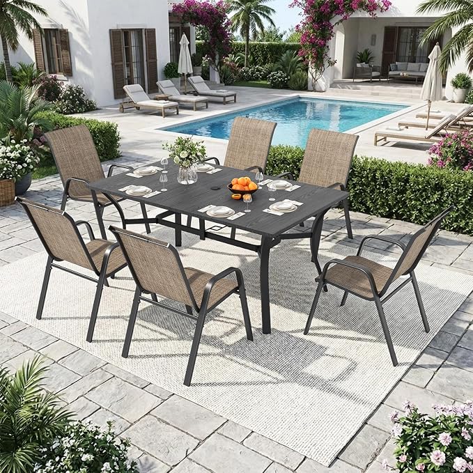 Outdoor Dining Set for 6, 7pcs Patio Table and Chairs Set with Adjustable Umbrella Hole,Heavy Duty 63”x37.8” Metal Dining Table and Stackable Patio Chair for Yard, Garden, Porch