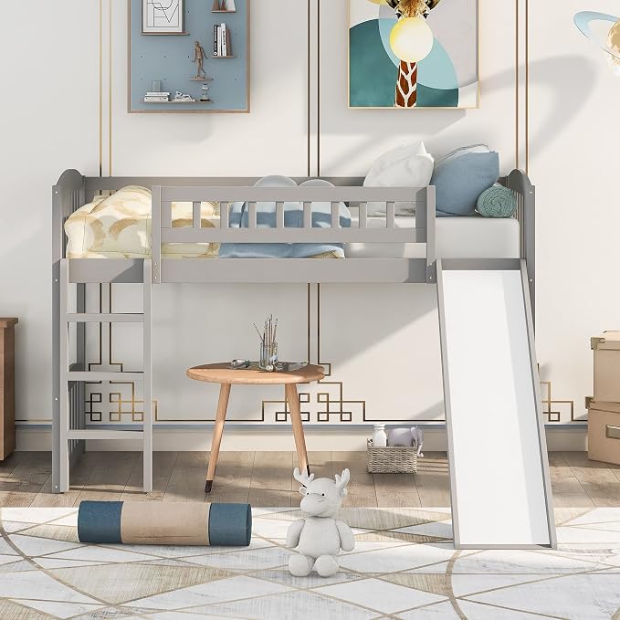 YOPTO Twin Size Loft Bed with Slide and Ladder,Multifunctional Solid Wood Bed Frame,w/Safety Guardrail & 14 Support Slats,No Box Spring Needed,for Kids, Teens, Girls, Boys,Grey