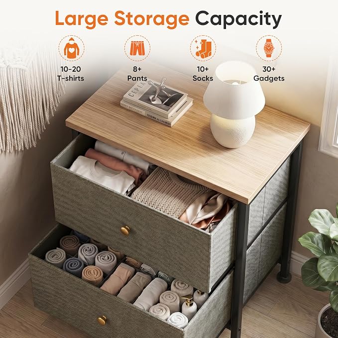 Sweetcrispy Nightstand Set of 2 with 2 Storage Drawers, Small Bedside Table | 20" Height Furniture End Table, Wooden Top Fabric Cabinet for Bedroom, Closet, Entryway, Ink Green 2Pack