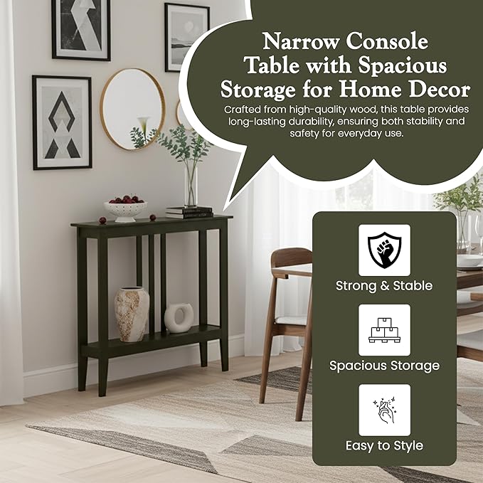 Kings Brand Narrow Console Table w/Storage Shelf, Sofa Entryway, Caviar | Narrow Console Table with Storage Shelf – Slim Design Fits Entryways, Hallways, Behind Sofas, Shelf Décor, Books, Essentials