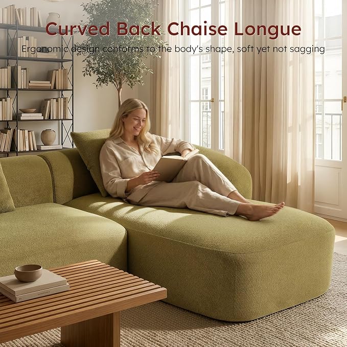 Relefree 136'' Modular Sectional Sofa, No Assembly Curved Sofa with Movable Coffee Table, High-Resilience Foam, Boneless Couch for Living Room, Oversized, Chenille, Thick Backrest, Green
