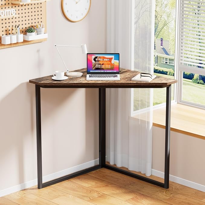 VECELO Corner Desk,Office Tables for Living Room for Small Space Triangle Computer Desk with Steel Frame Corner Shelves with Metal Frame Writing Desk for Workstation Classic Brown 33.1"