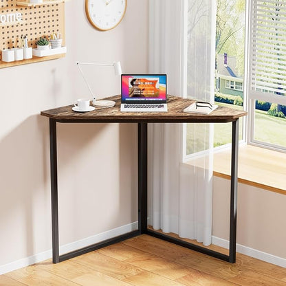 VECELO Corner Desk,Office Tables for Living Room for Small Space Triangle Computer Desk with Steel Frame Corner Shelves with Metal Frame Writing Desk for Workstation Classic Brown 33.1"