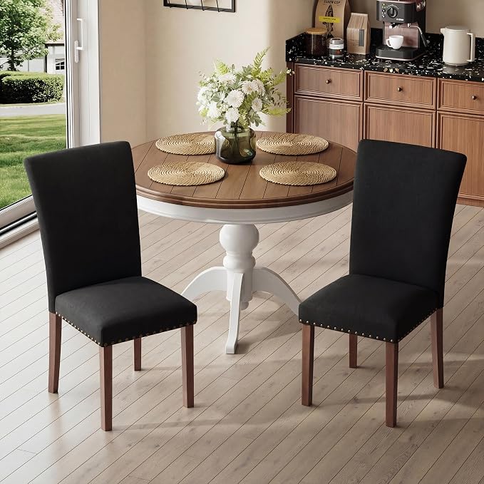 MALOL Dining Chairs Set of 2, High Back Dining Chair with Wood Legs and Nailhead Trim, Modern Padded Kitchen Room Chairs for Dining Room/Restaurant, Black