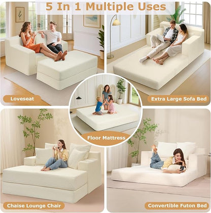cidludto Convertible Futon Sofa Bed with Ottoman, 5 in 1 Folding Couch Bed Loveseat, Corduroy Boneless Couch with Deep Seat for Living Room Chaise Lounge Chair Indoor, No Assembly Required, Beige