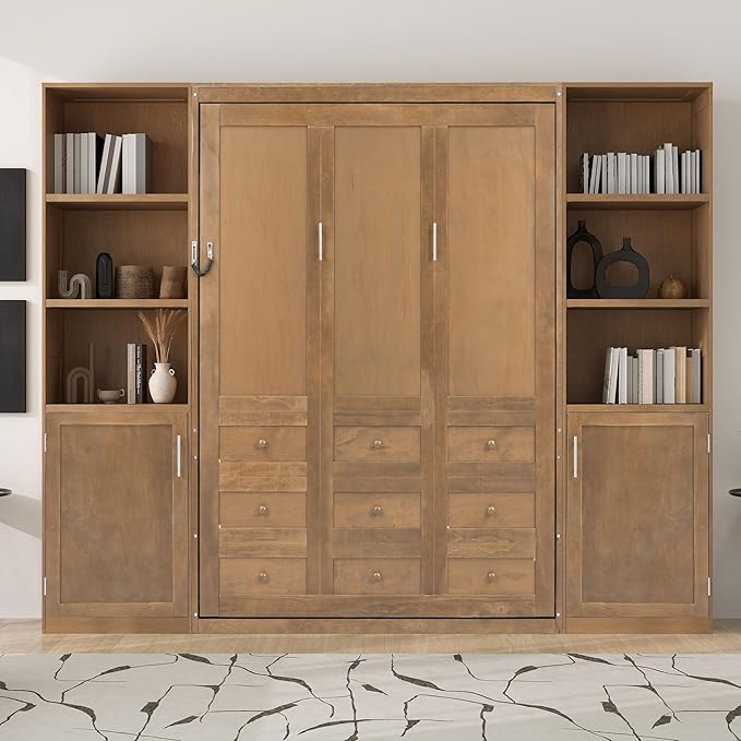 Ball & Cast Murphy Bed Queen Bed Frame with Headboard,Hideaway Bedframe w/Storage Shelves and Cabinets,Wood Wall Chest,Slat Support,can be Folded,No Box Spring Needed,for Small Room,Wood