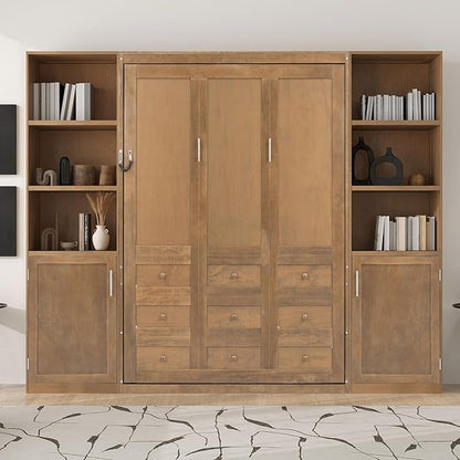 Ball & Cast Murphy Bed Queen Bed Frame with Headboard,Hideaway Bedframe w/Storage Shelves and Cabinets,Wood Wall Chest,Slat Support,can be Folded,No Box Spring Needed,for Small Room,Wood