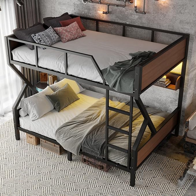 KEIKI Queen Over Queen Bunk Bed, Heavy Duty Metal Bunkbed with Storage Shelves, Lights, Bottom Space & Guardrail for Aldults Dorm Bedroom Guest Room, No Box Spring Needed, Noise-Free Design