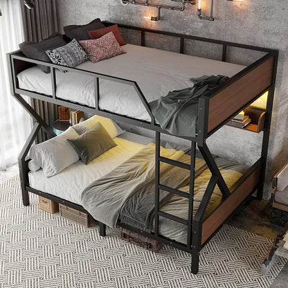 KEIKI Queen Over Queen Bunk Bed, Heavy Duty Metal Bunkbed with Storage Shelves, Lights, Bottom Space & Guardrail for Aldults Dorm Bedroom Guest Room, No Box Spring Needed, Noise-Free Design