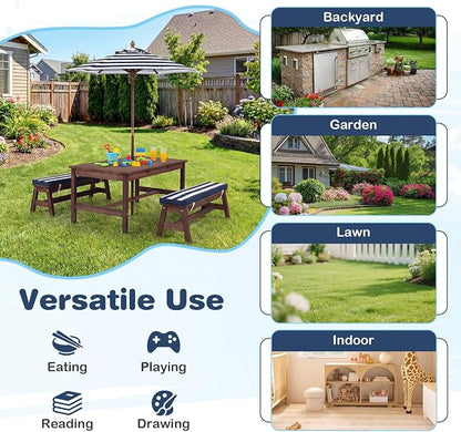 Costzon Kids Picnic Table, Fir Wood Toddler Outdoor Table & Bench Set w/Removable Umbrella & Cushions, Stripe Fabric, Kids Outdoor Furniture for Patio Backyard Garden, Fits 4 Children Age 3+ (Blue)
