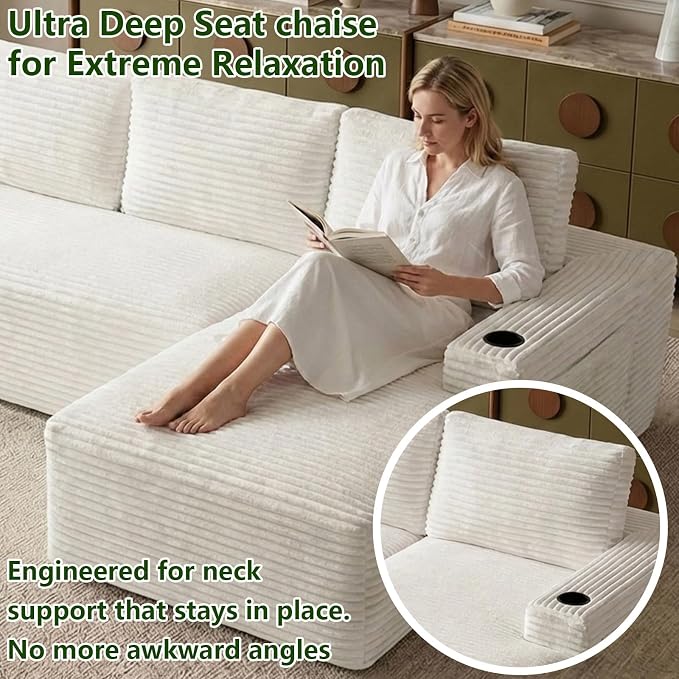 104.3" Modular Sectional Sofa,Modern Corduroy Cloud Couch with Cup Holder & Side Pockets,Boneless Couch Upholstered 4-Seater L-Shaped Sofa for Living Room,No Assembly (White, Right-Facing Chaise) | with Cup Holder