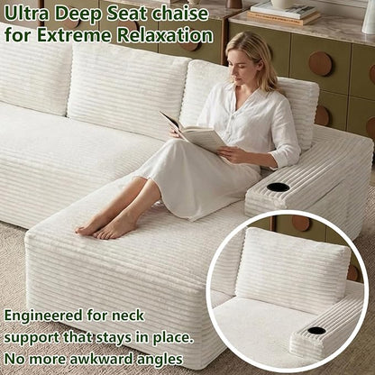 104.3" Modular Sectional Sofa,Modern Corduroy Cloud Couch with Cup Holder & Side Pockets,Boneless Couch Upholstered 4-Seater L-Shaped Sofa for Living Room,No Assembly (White, Right-Facing Chaise) | with Cup Holder