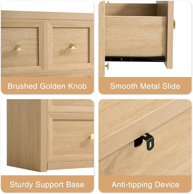 6 Drawers Dresser for Bedroom-46.5" Wide Wooden Chest of Drawers with Large Storage, Long Dresser TV Stand with Drawers, Farmhouse Closet Dressers for Living Room Bedroom, Natural