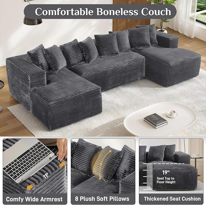 131" Oversized U Shaped Cloud Sectional Couches for Living Room, Comfy Fluffy Corduroy Dark Grey Boneless Sectionals Couch, Plush Memory Foam Modular Sectional Sofa with Chaise- 19" Seat Height