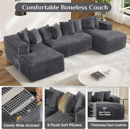 131" Oversized U Shaped Cloud Sectional Couches for Living Room, Comfy Fluffy Corduroy Dark Grey Boneless Sectionals Couch, Plush Memory Foam Modular Sectional Sofa with Chaise- 19" Seat Height