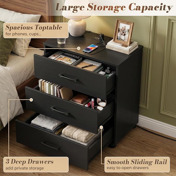Aheaplus Night Stand Set of 2 with Charger Station, 21.7'' Wider Nightstands with 3 Wooden Drawers, Large Tall Bedside Table, Modern End Side Table Set, Nightstand for Bedroom, Black