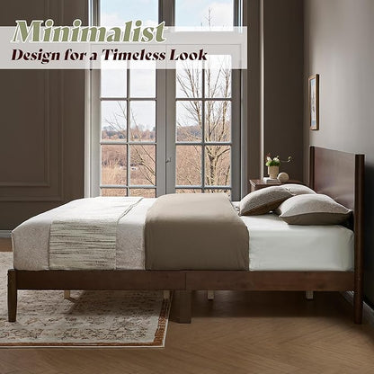 AMERLIFE Solid Wood Full Size Bed Frame, Mid Century Modern Platform Bed with Full Panel Headboard, Noise-Free & Cylindrical Legs, No Box Spring Needed, Under-Bed Storage, Dark Walnut