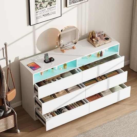 6 Drawer Dresser for Bedroom 47" Wooden White Dressers Chests of Drawers | Double Closet Storage Cabinet w/ Charging Station LED RGB Lights 2 Open Shelves Modern Dresser TV Stand for Living Room