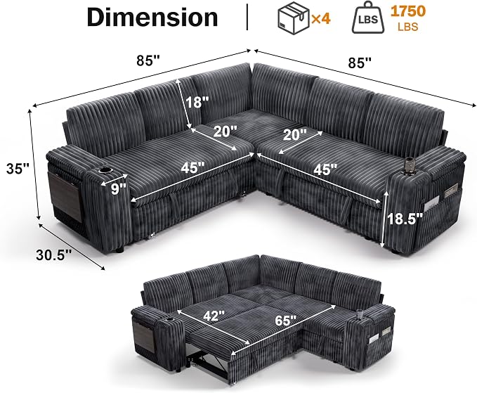Vipbear 86" Modular Sectional Sleeper Sofa with Pull Out Bed, 5 Seat Plush Corduroy L Shaped Couch with Storage Seat|USB Ports|Cup Holders|Side Table|Storage Armrests, Tool Free Assembly, Grey