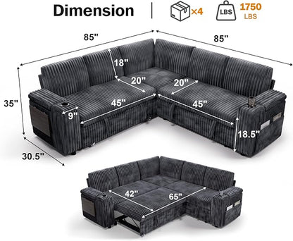 WEUP 86" Modular Sectional Sleeper Sofa with Pull Out Bed, 5 Seat Plush Corduroy L Shaped Couch with USB Ports|Cup Holders|Side Table|Storage Seat Armrests, Tool Free Assembly, Grey
