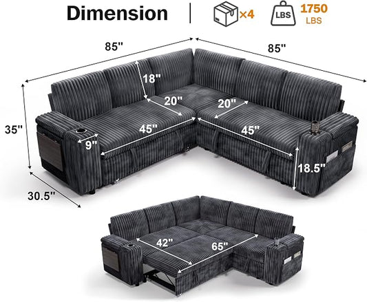 WEUP 86" Modular Sectional Sleeper Sofa with Pull Out Bed, 5 Seat Plush Corduroy L Shaped Couch with USB Ports|Cup Holders|Side Table|Storage Seat Armrests, Tool Free Assembly, Grey