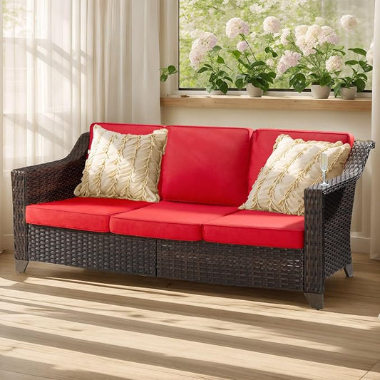Joyside Patio Sofa - 3 Seater Rattan Sofa, All Weather High Back Sofa, Upgraded Large Size with 4inch Seat Cushions for Backyard, Garden, Poolside (Brown/Red)