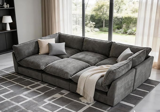 Iroomy Modular Sectional Sofa, Oversized Chenille Cloud Couch, Deep Comfy Seat, 6-Seater Sofas Couches for Living Room, Dark Grey
