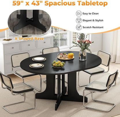 Zevemomo 43"-59" Round Extendable Dining Table for 4-6, Black Expandable Dining Room Table with Removable Self, Metal Reinforced Cross Base, Modern Oval Kitchen Table for Small Spaces, Easy Assembly