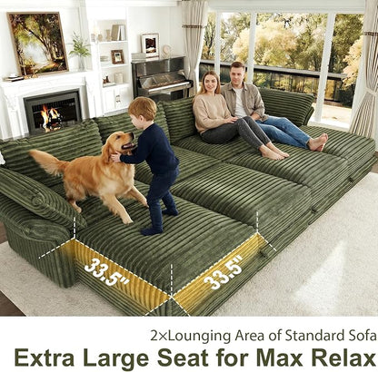 DreamDashio Oversized Sectional Sofa, Extra Wide Deep Seat Detachable Modular Cloud Couch, Certified Corduroy Fabric, Storage & Adjustable Arms, for Spacious Living Room, 6-Seat L-Shaped, Green