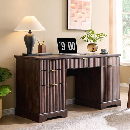 58" Modern Wood Executive Desk with 5 Drawers & 1 Cabinet, Built‑in Outlet | Fluted Computer Writing Desk for Study, Living Room, Bedroom, Dark Walnut