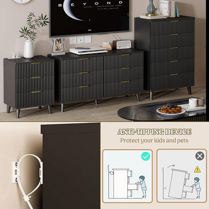 Lulive Black Dresser for Bedroom Wood Tall Dressers Drawers, Fluted Modern Dresser 5 Drawers Black