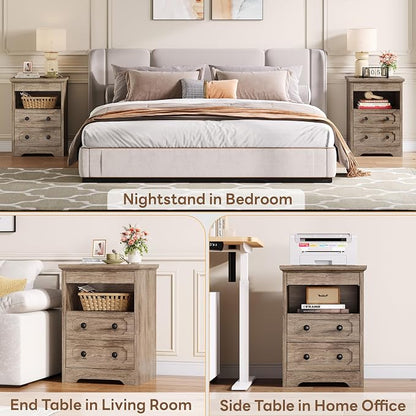 LIKIMIO Nightstand Set of 2, Night Stand with Pull Out Tray, Wooden Bedside Table with 2 Drawers and Open Shelf, Side Table for Bedroom, Grey