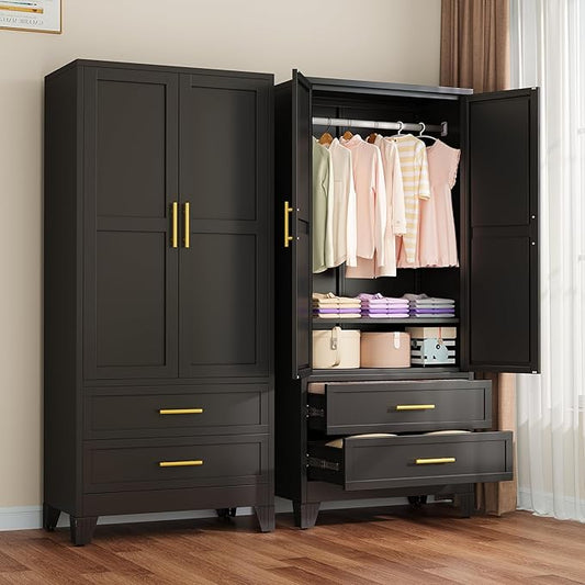 winiowa Metal Armoire Wardrobe Closet with 2 Drawers, 71" Wardrobe Cabinet with Adjustable Shelves and Hanging Rod, Clothing Storage Cabinet Closet for Bedroom-Black