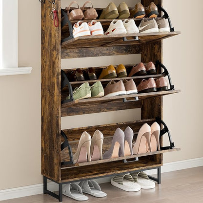 BORNOON Shoe Cabinet with 3 Flip Drawers Narrow Shoe Storage Cabinet Organizer Wooden Freestanding Shoe Rack Hidden Slim Shoes Storage Cabinet for Entryway, Hallway, Living Room, Bedroom