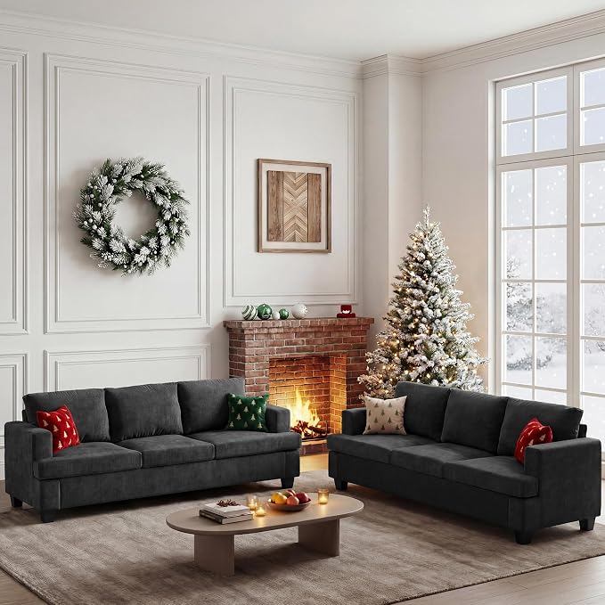 Apicizon 3-Seater Sofa & 3-Seater Sofa, 2 Piece Set Comfy Couch for Living Room, Modern Lounge Sofa Couch for Apartment Lounge, Dark Grey Chenille