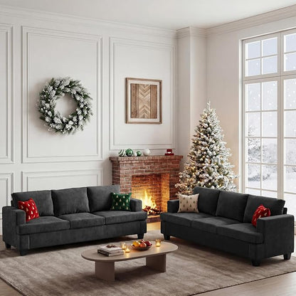 Apicizon 3-Seater Sofa & 3-Seater Sofa, 2 Piece Set Comfy Couch for Living Room, Modern Lounge Sofa Couch for Apartment Lounge, Dark Grey Chenille