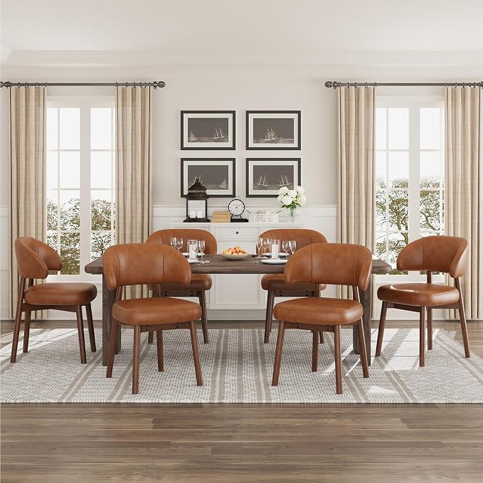 MALOL Wooden Dining Chairs Set of 4, Modern Upholstered Dining Room Chair, PU Leather Kitchen Side Chairs with Curved Open Back for Living Room/Restaurant/Cafe, Brown