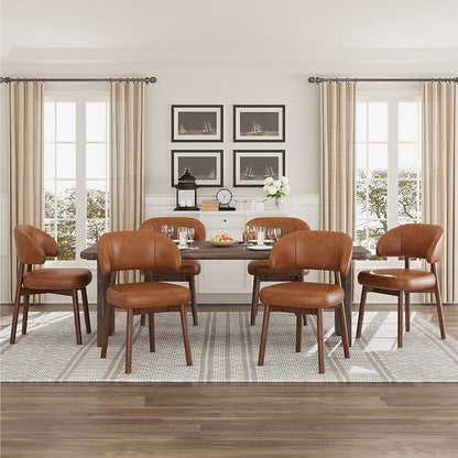 MALOL Wooden Dining Chairs Set of 4, Modern Upholstered Dining Room Chair, PU Leather Kitchen Side Chairs with Curved Open Back for Living Room/Restaurant/Cafe, Brown