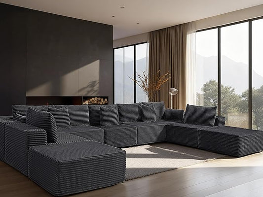 168" Cloud Sectional Couch, Comfort U Shaped Sofa for Living Room, Extra Deep Seats No Assembly, Minimalist Modular Couch, Corduroy (Dark Grey, 9 Seats,U-Shape A)