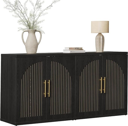 MapleGrace 63" Fluted Buffet Cabinet with Storage, Modern Symmetrical Arched Sideboard Credenza with Adjustable Shelf, Elegant Wood Console Table for Dining Room, Kitchen, Living Room(Black)